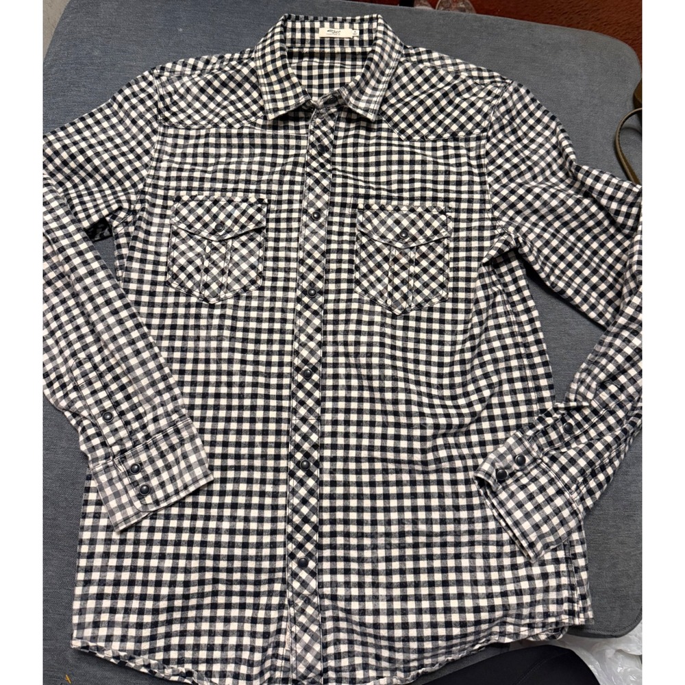 Silver Jeans Co Mens Black White Gingham Plaid‎ Western Snap Front Shirt Medium